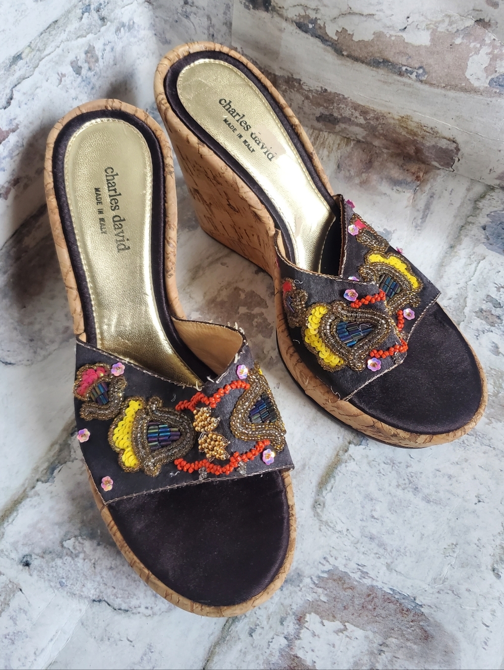 Charles David Women's Embellished Cork Wedge Sandals - Black & Gold, Size 8.5